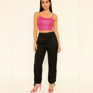 AE Satin Cargo Pants Black 0 Drawstring Hem Streetwear Carrie Bradshaw